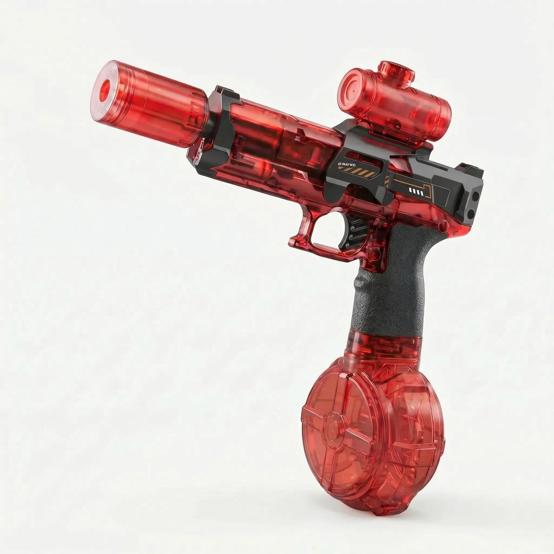 Modern high-powered electric light-up water gun; a rechargeable blaster for intense outdoor water play.