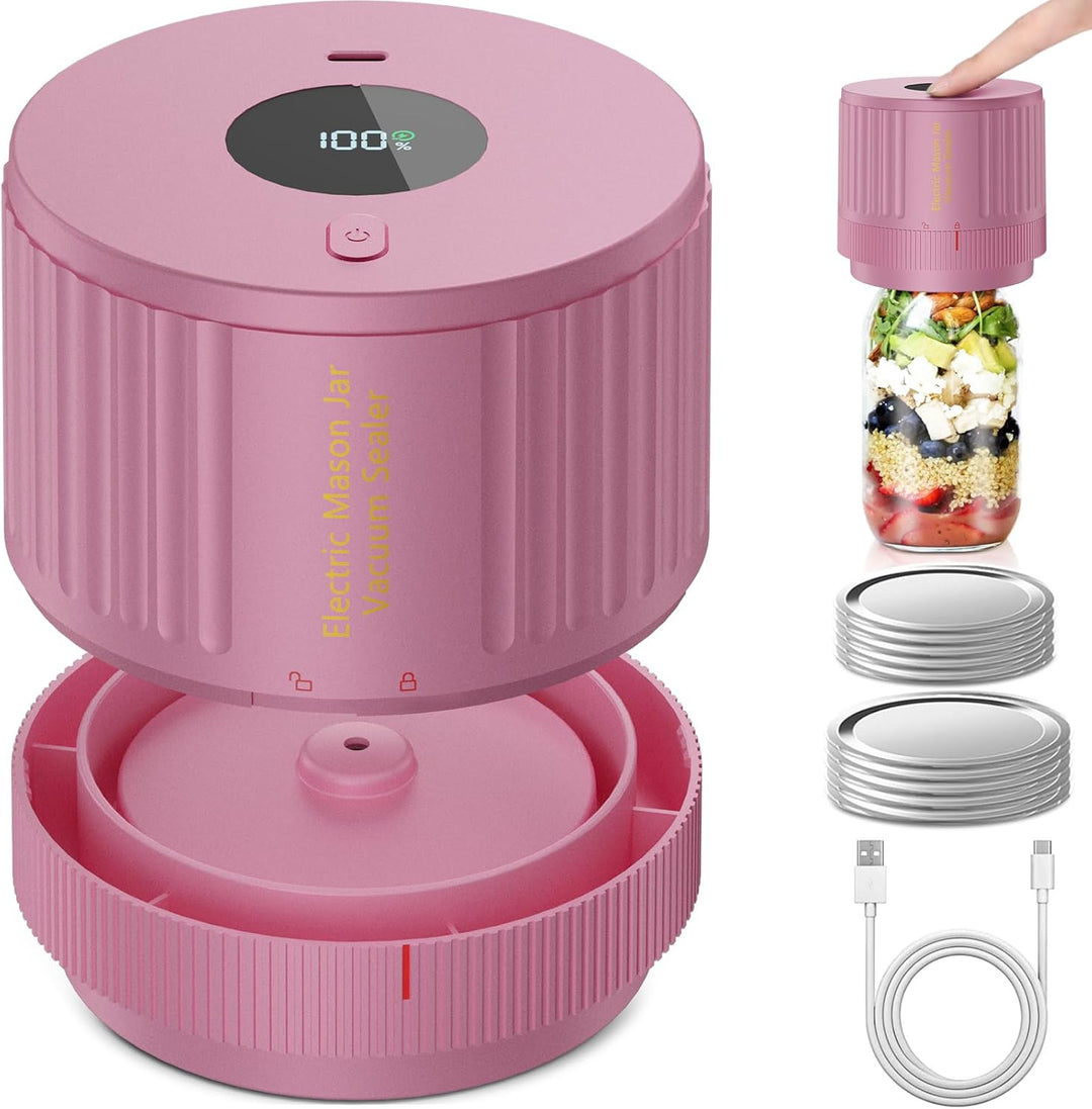 Hand holding electric vacuum sealer on a wide-mouth mason jar, preserving food easily