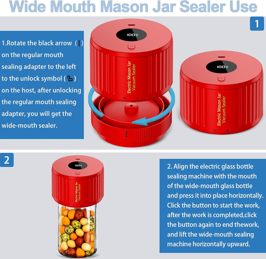 Electric mason jar sealer kit, including charging base and jar lids, for long-term food storage