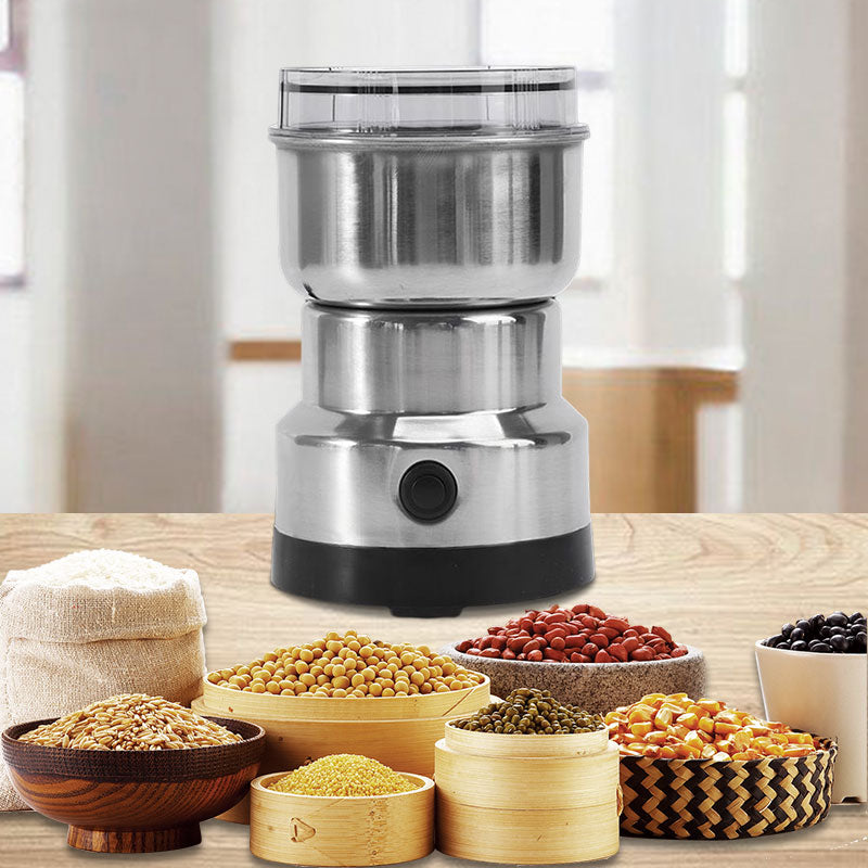 Electric multifunctional food grinder for spices, beans & grains. Stainless steel, portable kitchen appliance.
