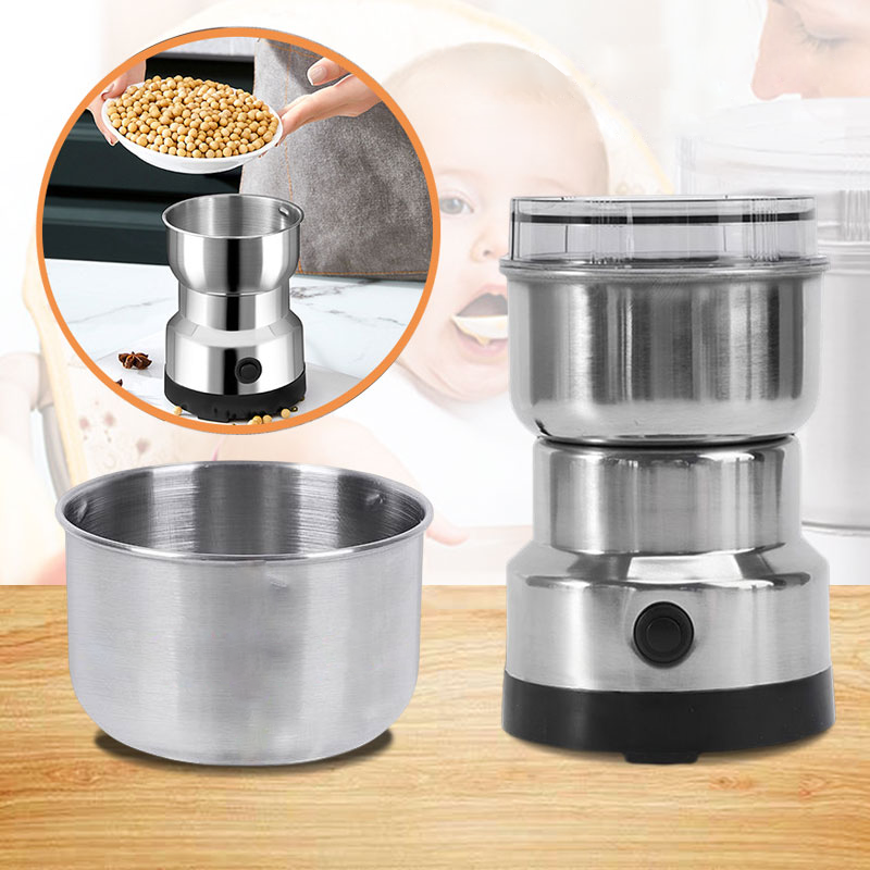 Modern electric food grinder with stainless steel housing, perfect for all your spice, bean, & grain grinding needs.