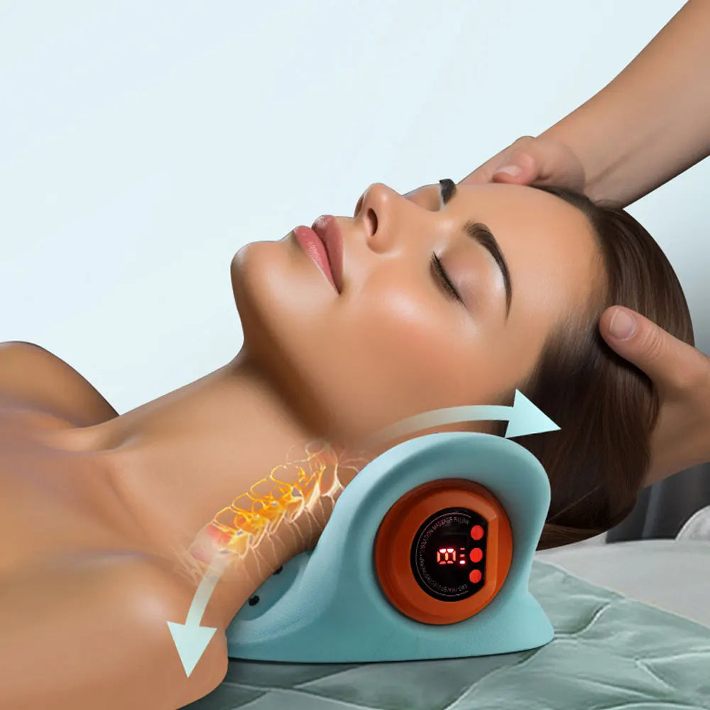 Electric neck massager & stretcher for cervical pain relief, muscle relaxation, and spinal alignment.