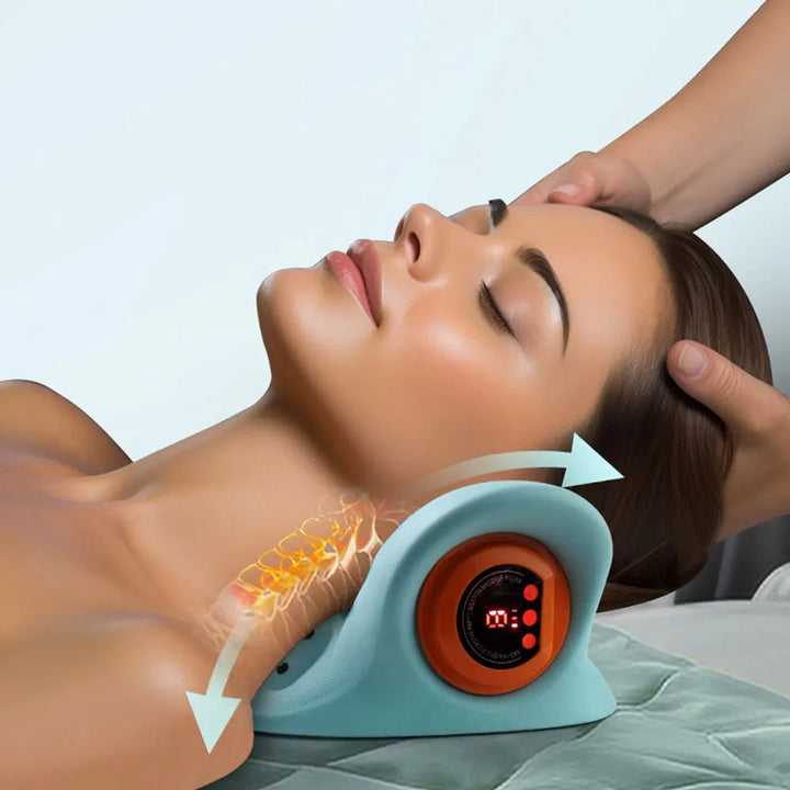 Electric neck massager & stretcher for cervical pain relief, muscle relaxation, and spinal alignment.