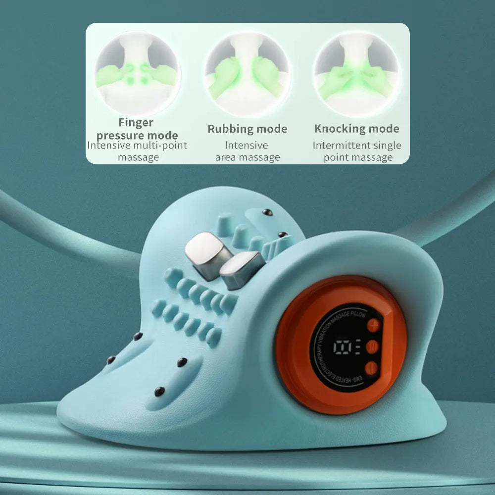 Portable electric neck massager with heat therapy for soothing cervical pain relief and muscle relaxation.