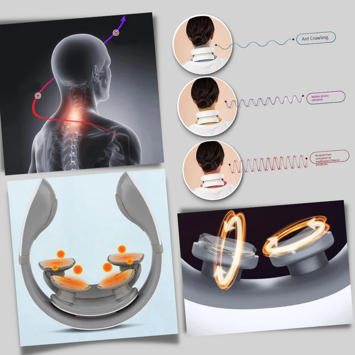 Portable electric neck massager, rechargeable, offering soothing heat and 6 modes for on-the-go stress relief.