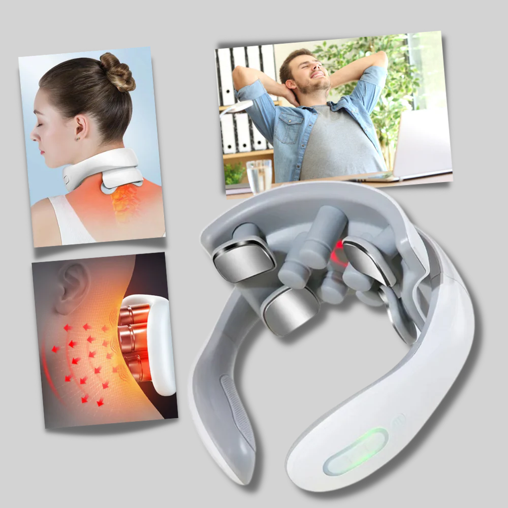 Rechargeable electric neck massager featuring heat therapy & 6 modes for targeted pain and stress relief.