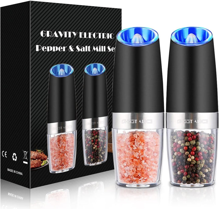 Electric salt & pepper grinder with one-hand operation. Automatic seasoning mill for easy kitchen cooking.