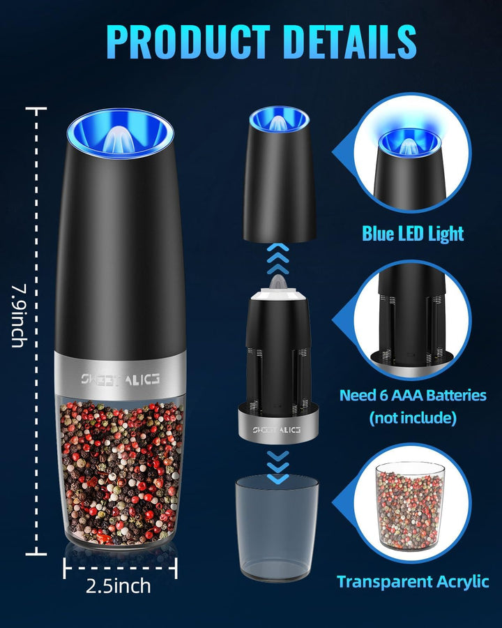Effortless electric pepper & salt grinder. Gravity-activated automatic spice mill for convenient kitchen use.
