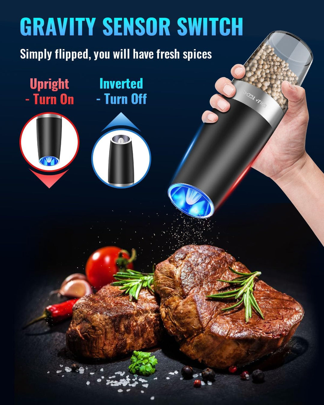 Sleek electric salt & pepper mill. Modern kitchen gadget for automatic seasoning and precision cooking.