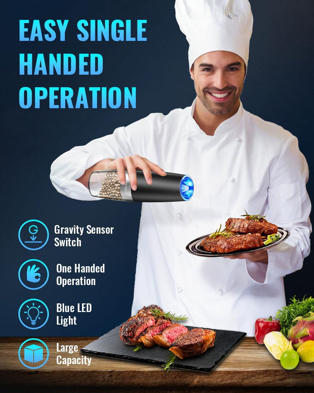 Dual electric salt and pepper grinder. Automatic gravity spice mill for fresh seasoning in any kitchen.