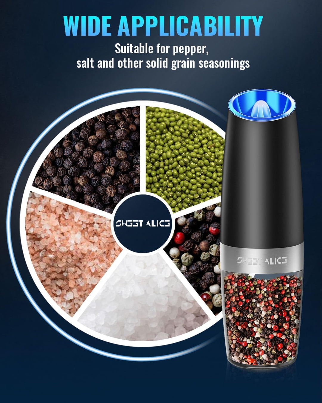 Convenient electric salt & pepper mill. One-hand gravity grinder for automatic spice seasoning in the kitchen.