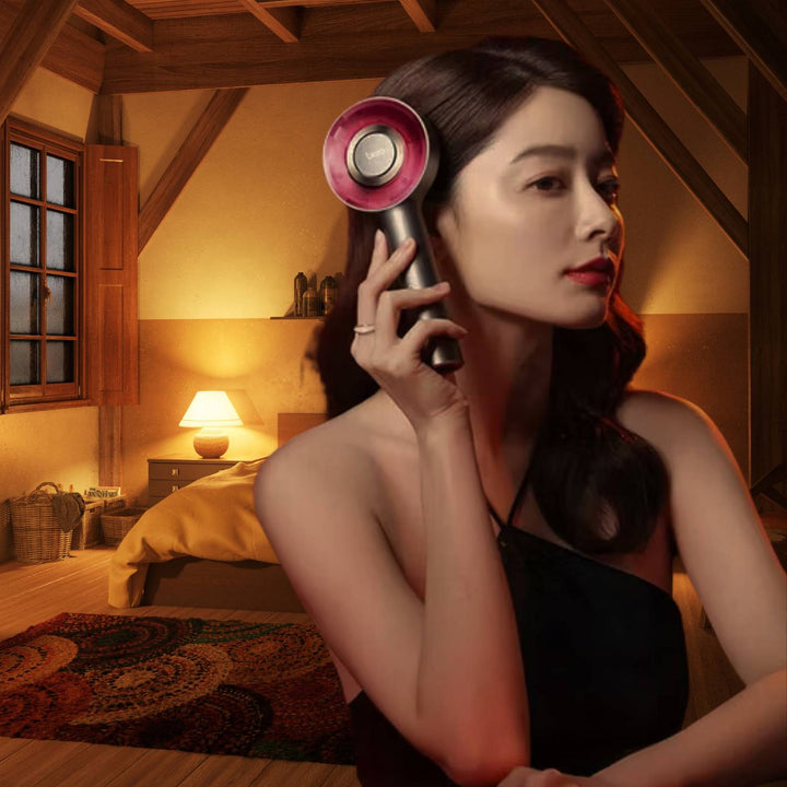 Woman using electric scalp massager with LED light for therapeutic head massage, promoting scalp health.