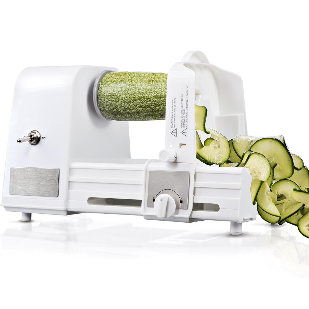 Electric spiralizer for vegetables & fruits, making healthy low-carb meals & zucchini noodles easy & fast.