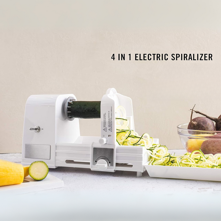 Versatile 4-in-1 electric vegetable slicer & spiralizer for easy food prep, perfect for zucchini, fruits.