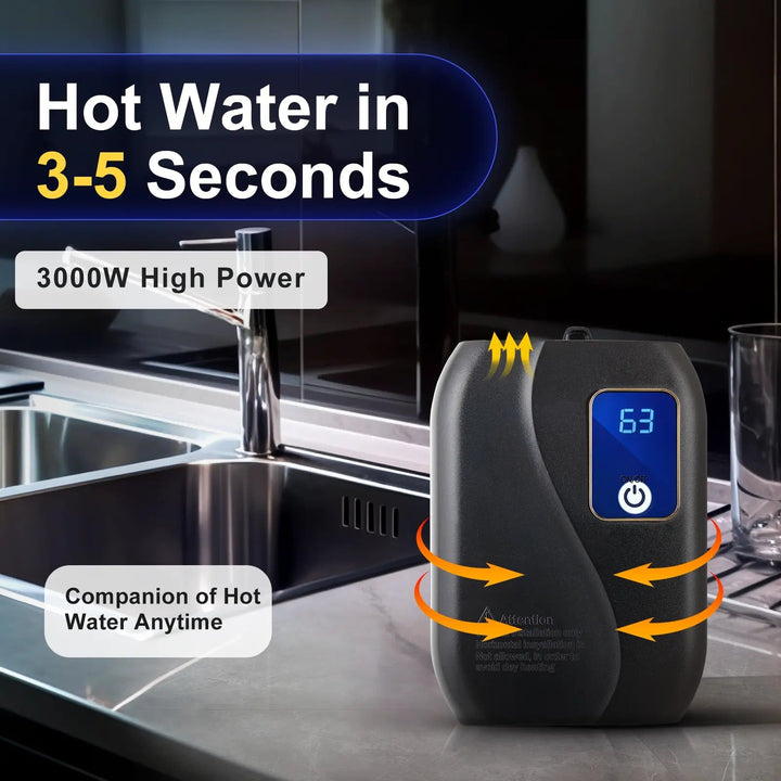 Modern electric tankless water heater delivering instant hot water for bathroom & kitchen.