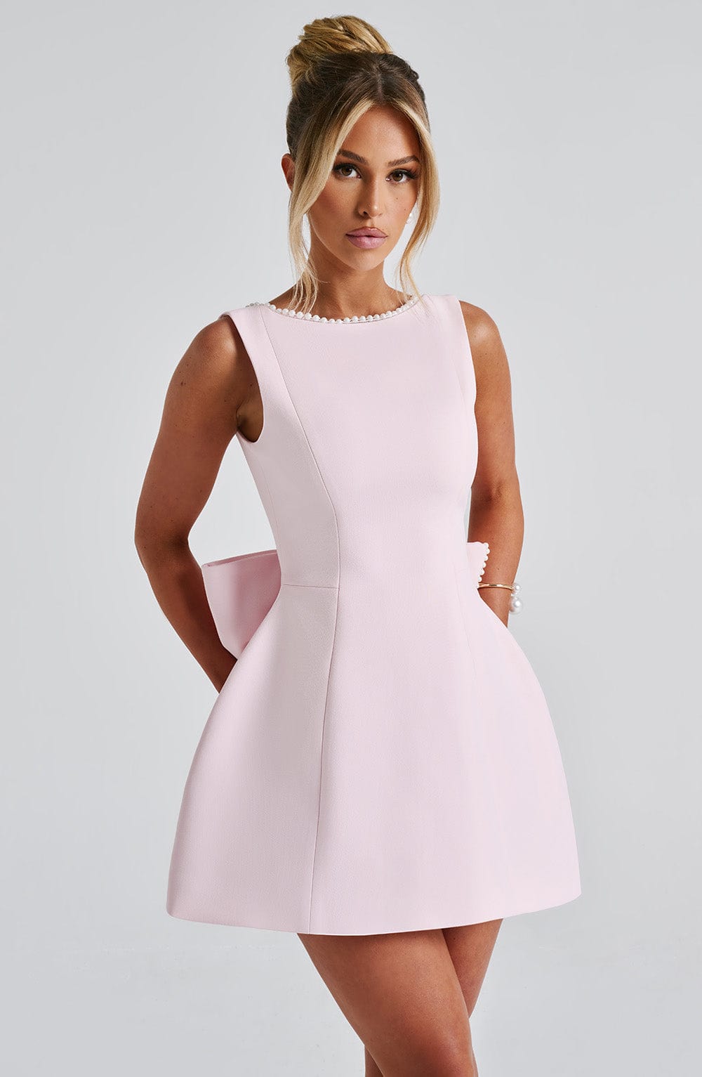 Women's semi-formal pearl trim mini dress, perfect as an A-line homecoming or cocktail party dress.