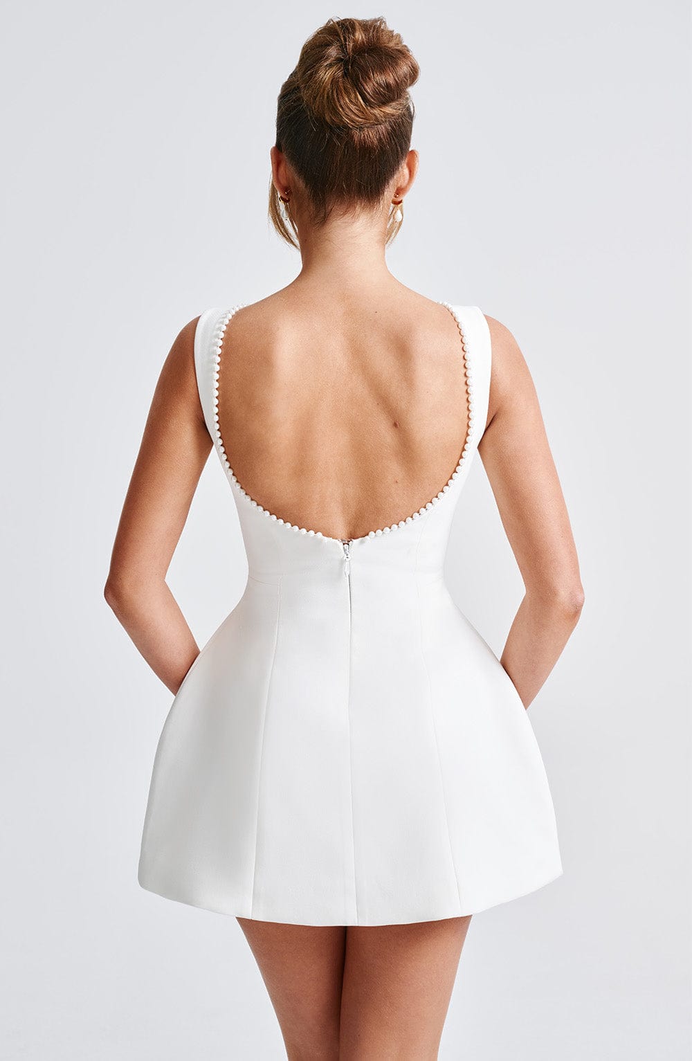 Women's elegant A-line cocktail dress with pearl trim, a chic mini dress for homecoming or parties.
