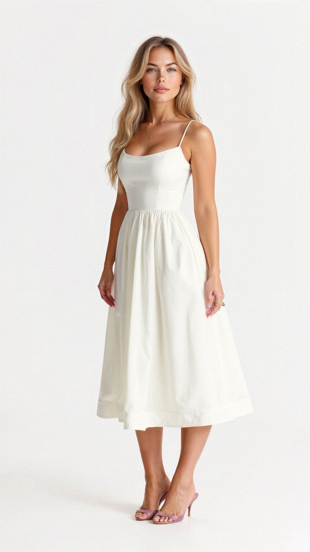 Elegant A-line midi dress for women, perfect for special occasions & spring/summer events.