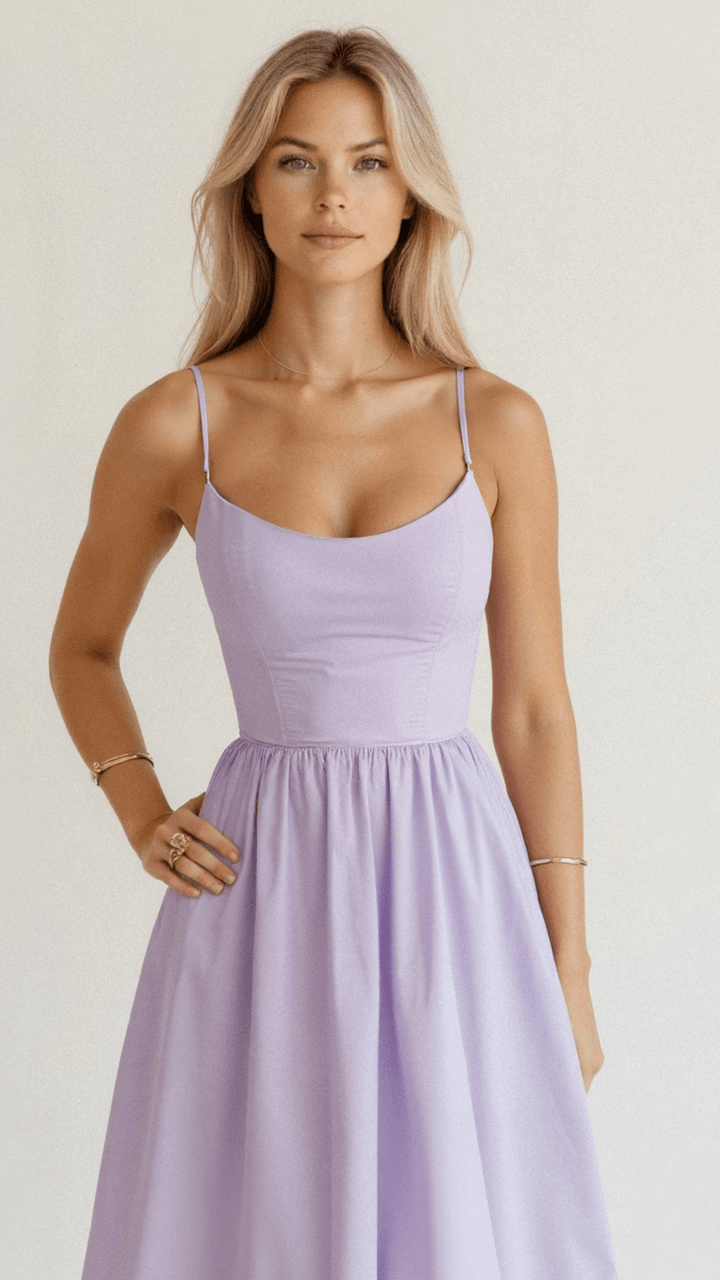 Feminine A-line midi dress, women's elegant design, perfect as a flattering special occasion dress.