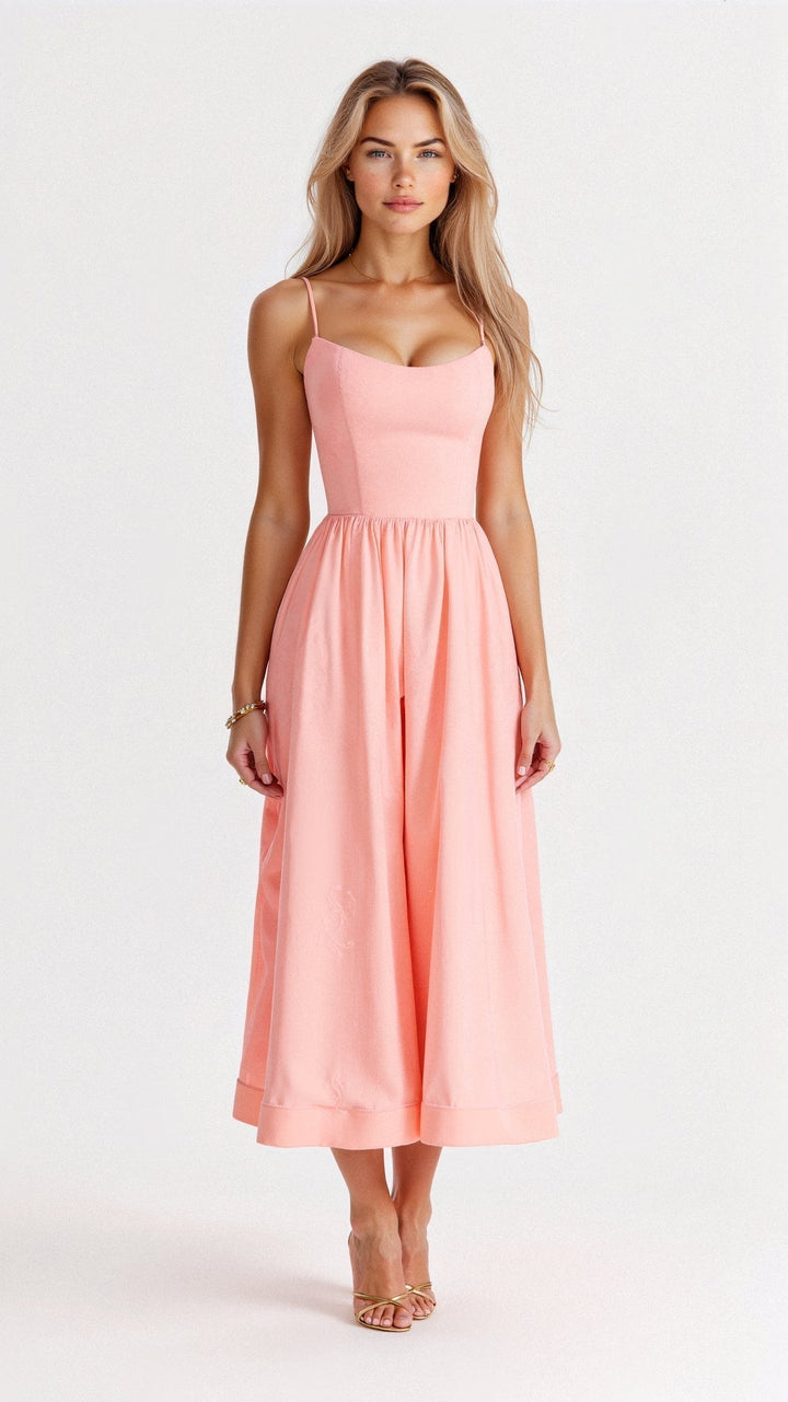 Flattering A-line midi dress, women's elegant spaghetti strap design for special occasions.