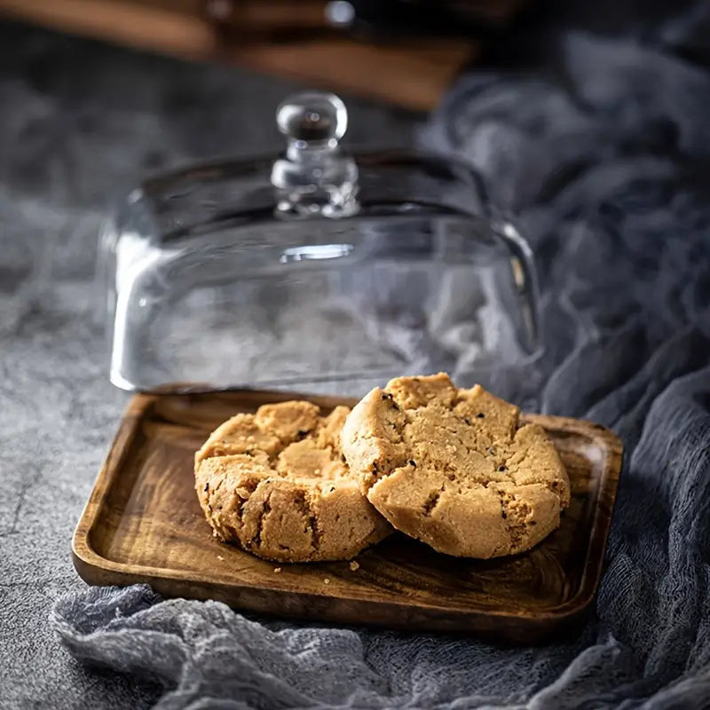 Wood and glass butter dish, a practical serving tray & kitchen accessory for elegant dining and fresh butter.