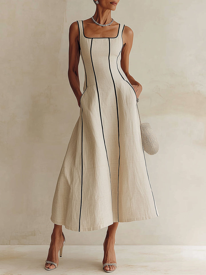 Elegant apricot square neck A-line maxi dress for women, perfect for summer parties or wedding guests.