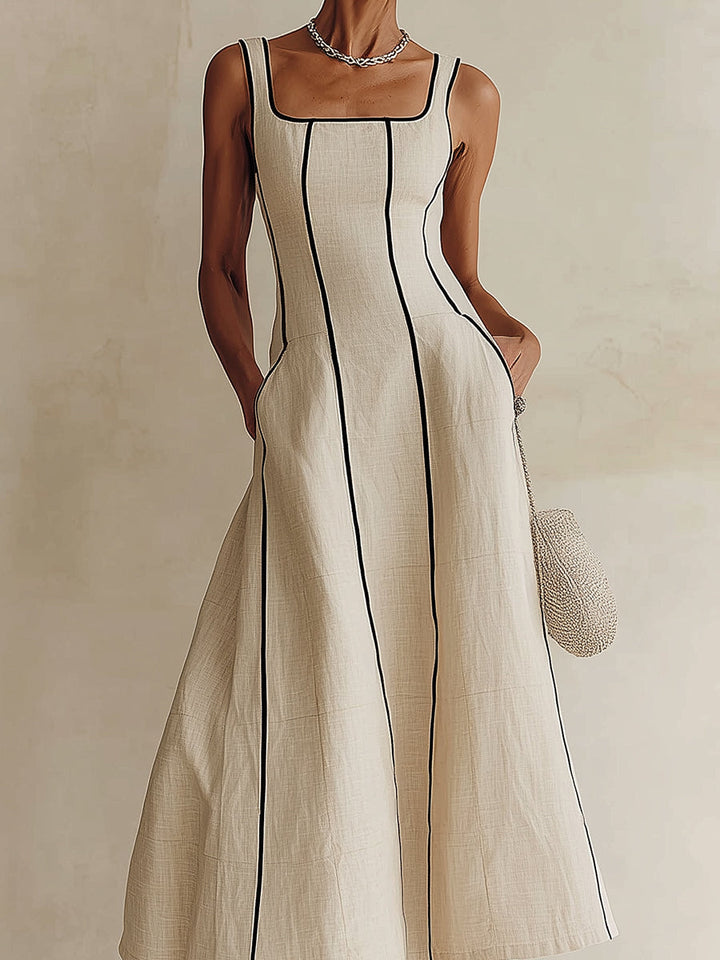 Beautiful apricot square neck maxi dress for women, featuring a comfortable A-line flow and refined style.