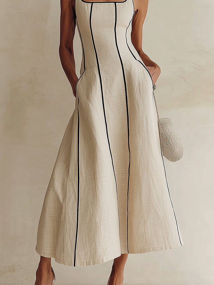Stylish women's apricot A-line maxi dress, sleeveless with a chic square neck, perfect for summer events.