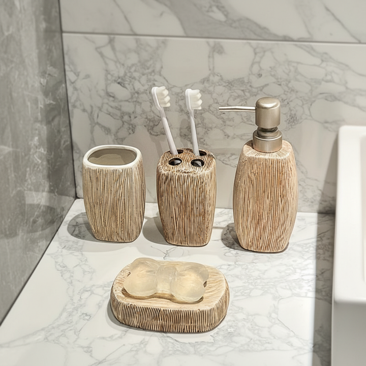 Elegant beige ceramic bathroom accessory set with wood grain soap dispenser and tumbler, modern home decor.