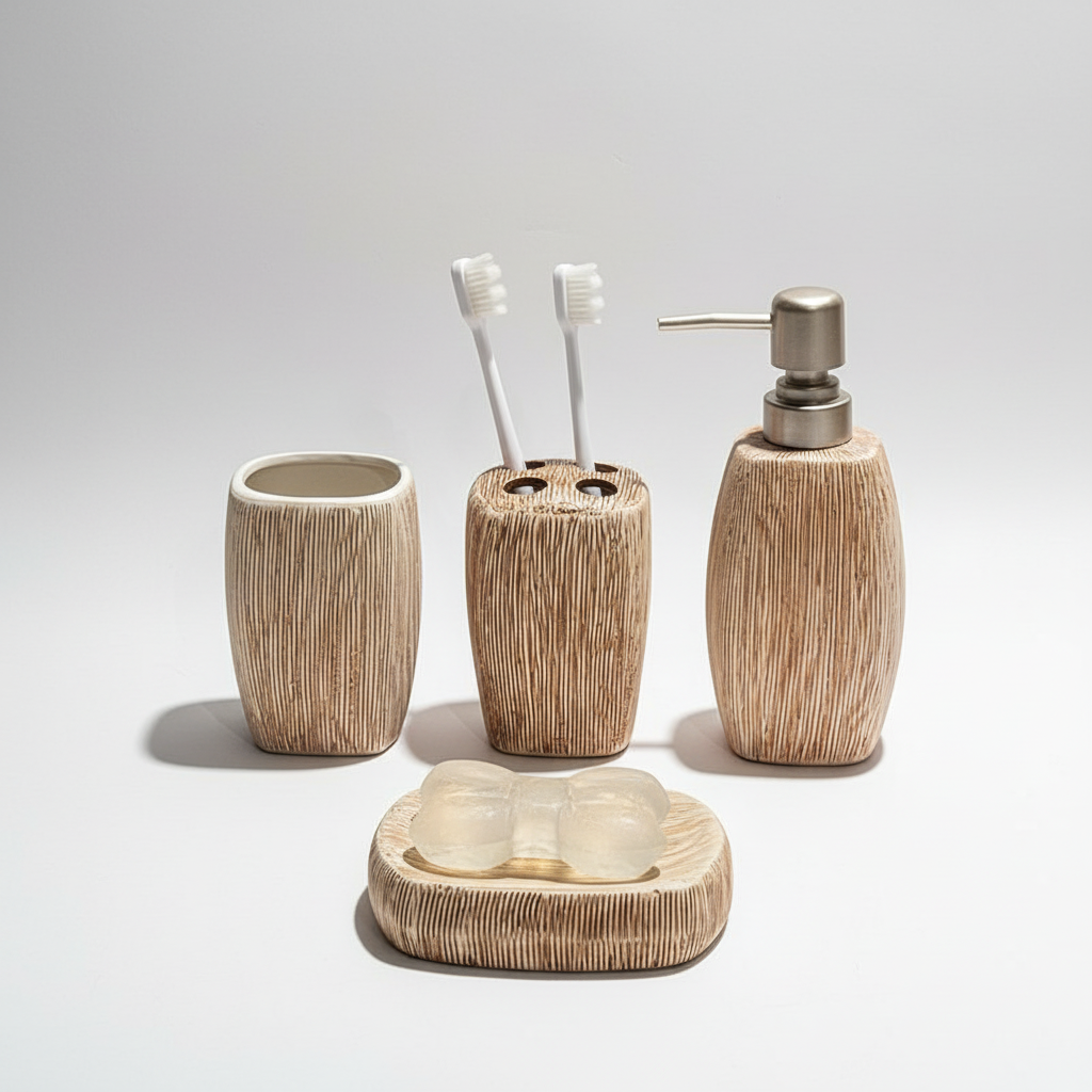 Close-up of a stylish ceramic bathroom set featuring wood grain soap dispenser and toothbrush holder in beige.