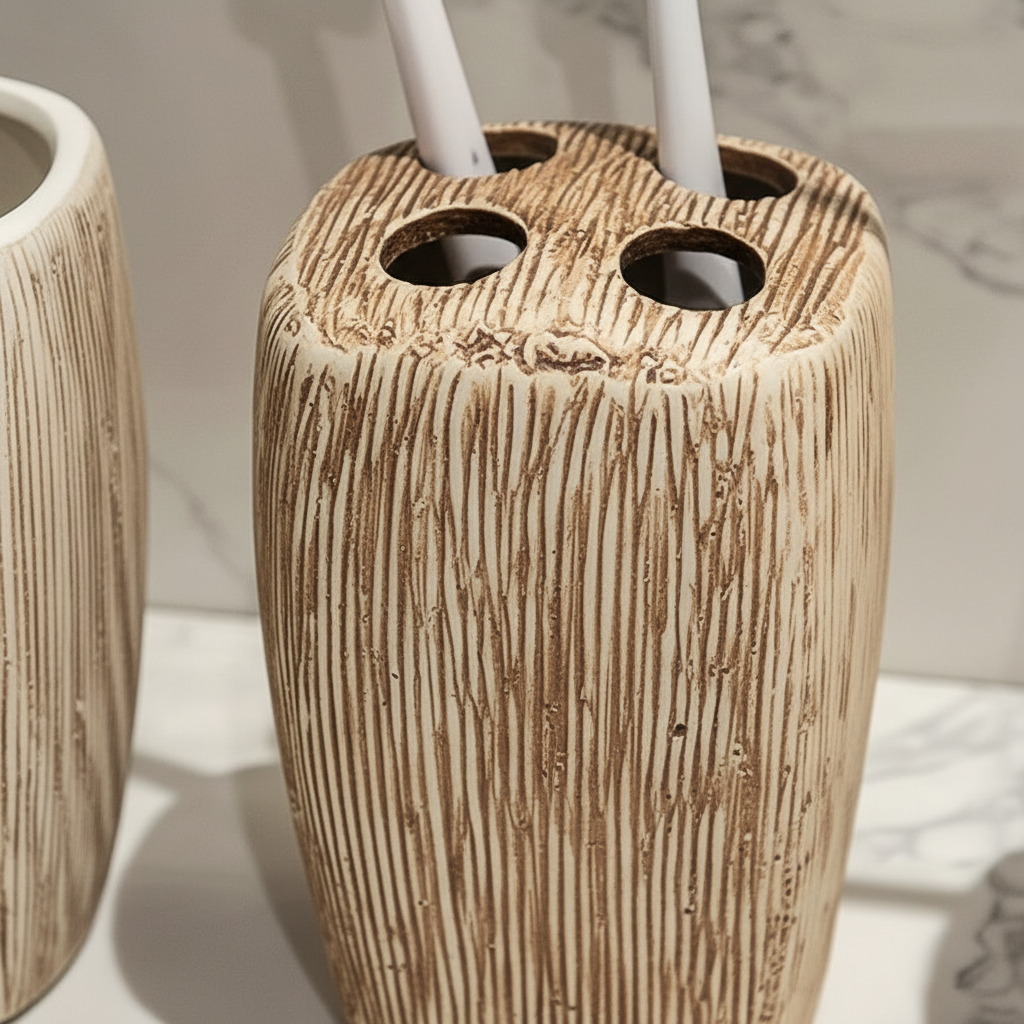 Beige ceramic bathroom accessory set, including a modern soap dispenser and toothbrush holder with wood grain accent.