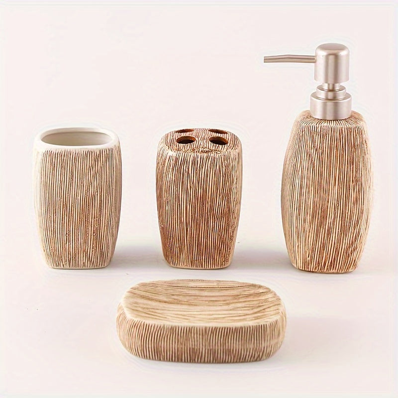 Bathroom ceramic accessory set in beige with wood grain texture, perfect for elegant home decor and organization.