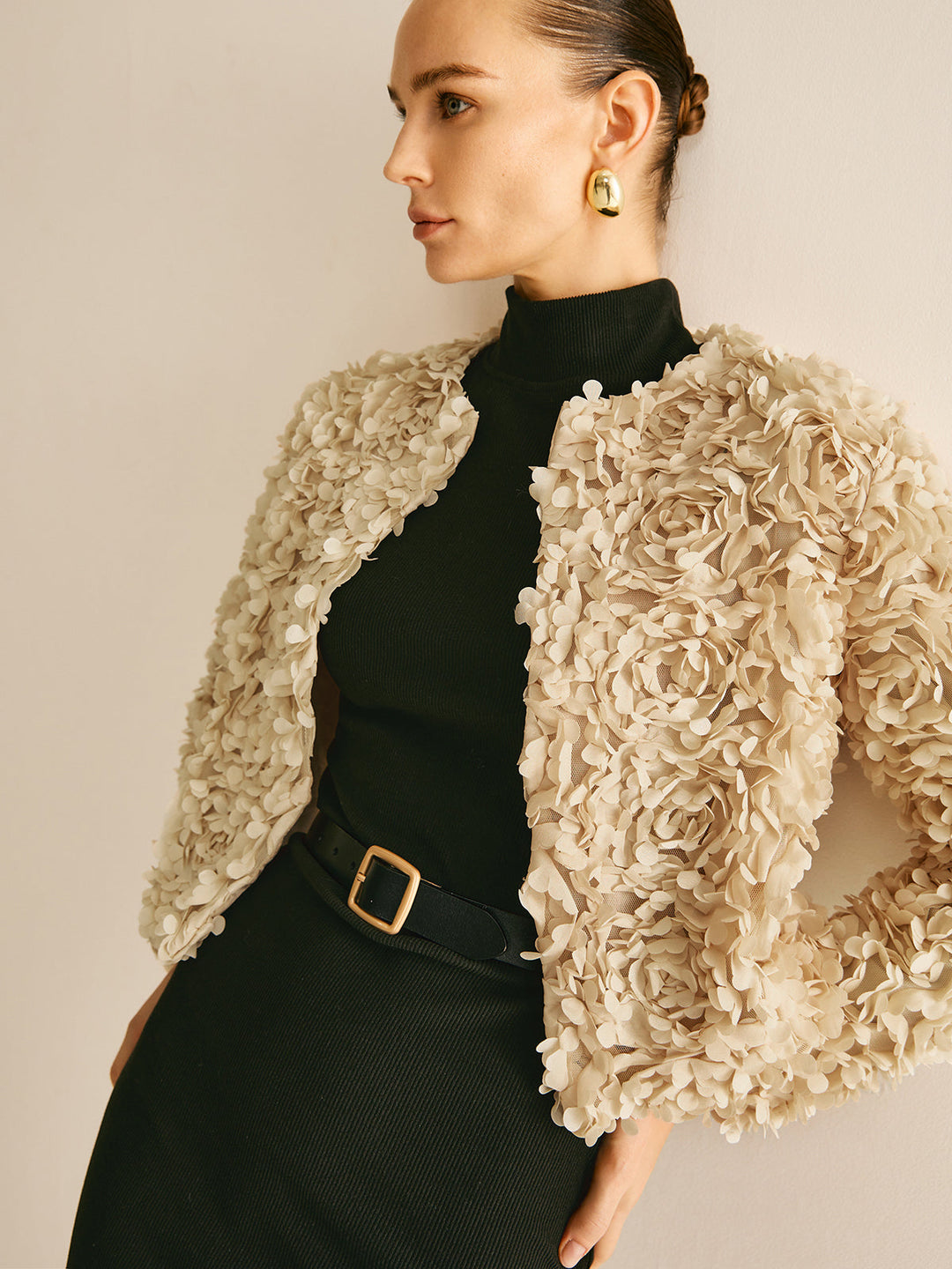 Elegant beige crew neck blazer for women, perfect for professional or chic casual wear.