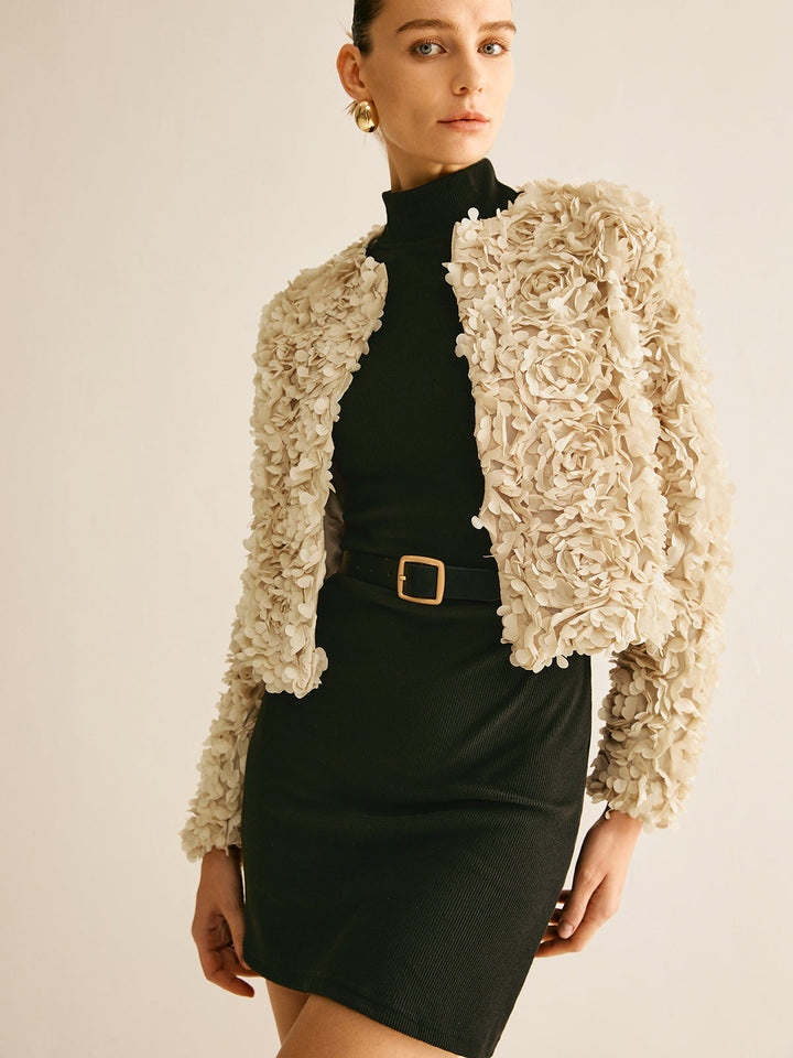 Stylish women's beige crew neck blazer, a versatile outerwear jacket for elegant layering.
