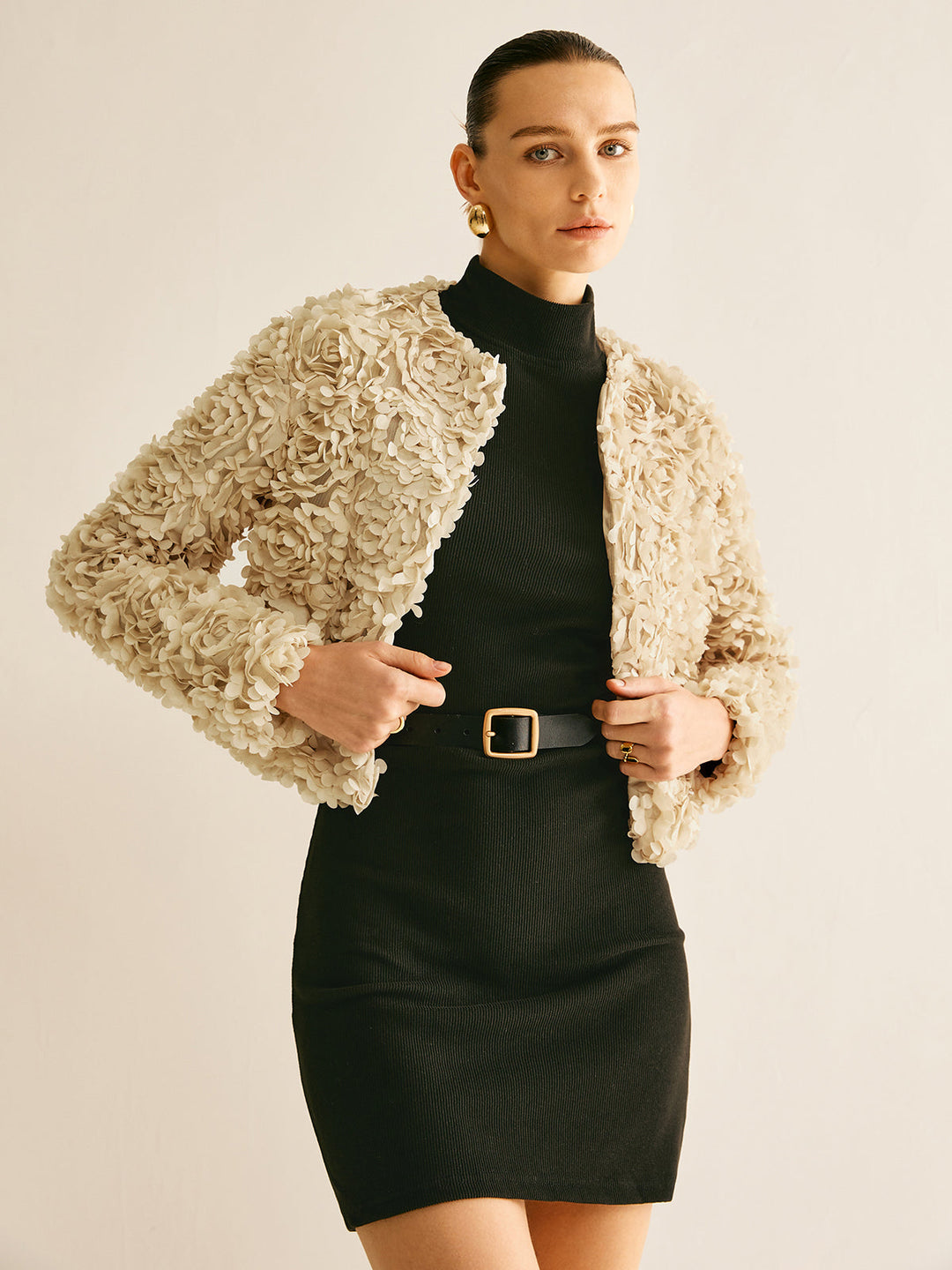 Chic beige crew neck blazer for women, ideal for a stylish casual or smart-casual look.