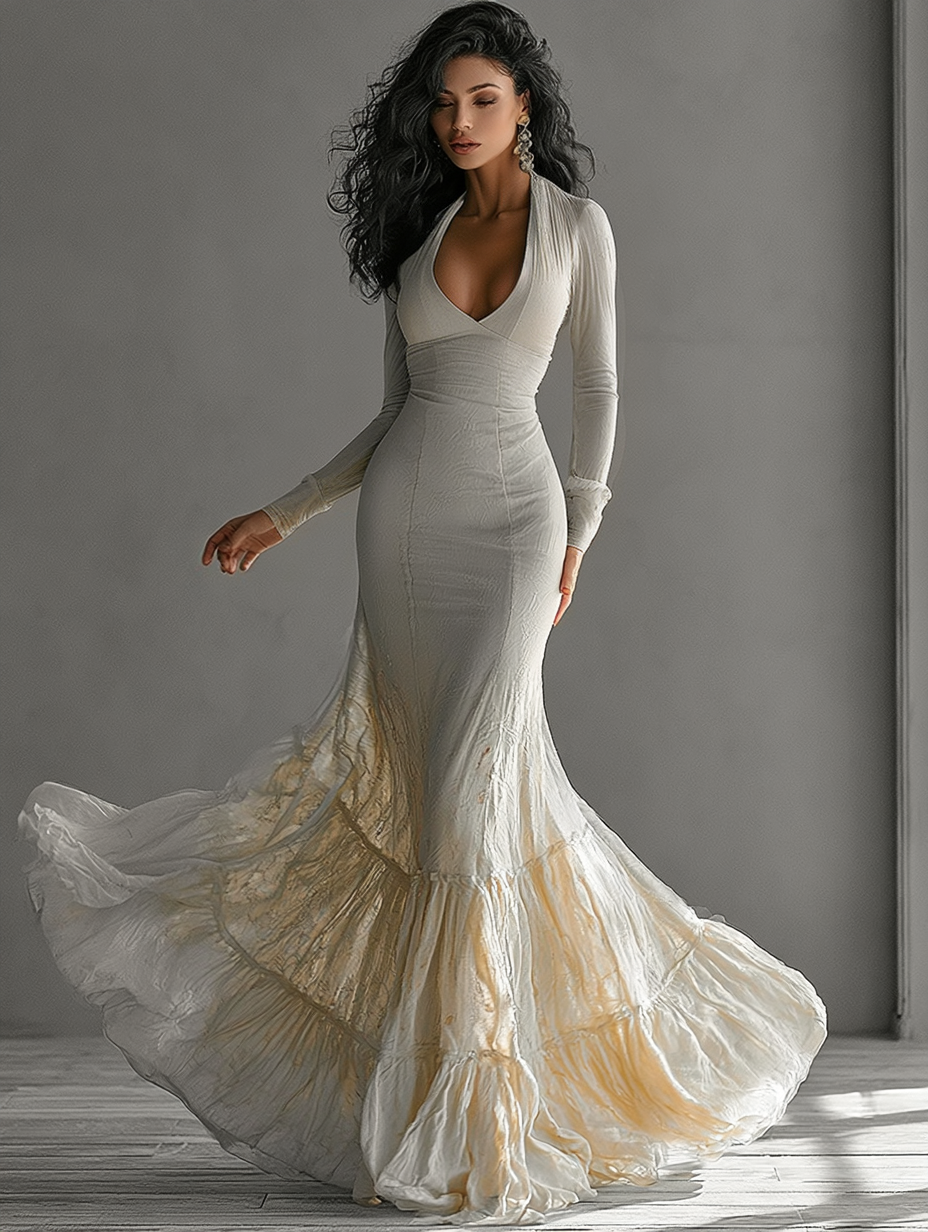Elegant beige deep V-neck maxi dress with long sleeves & mermaid ruffle. Perfect women's formal evening gown.