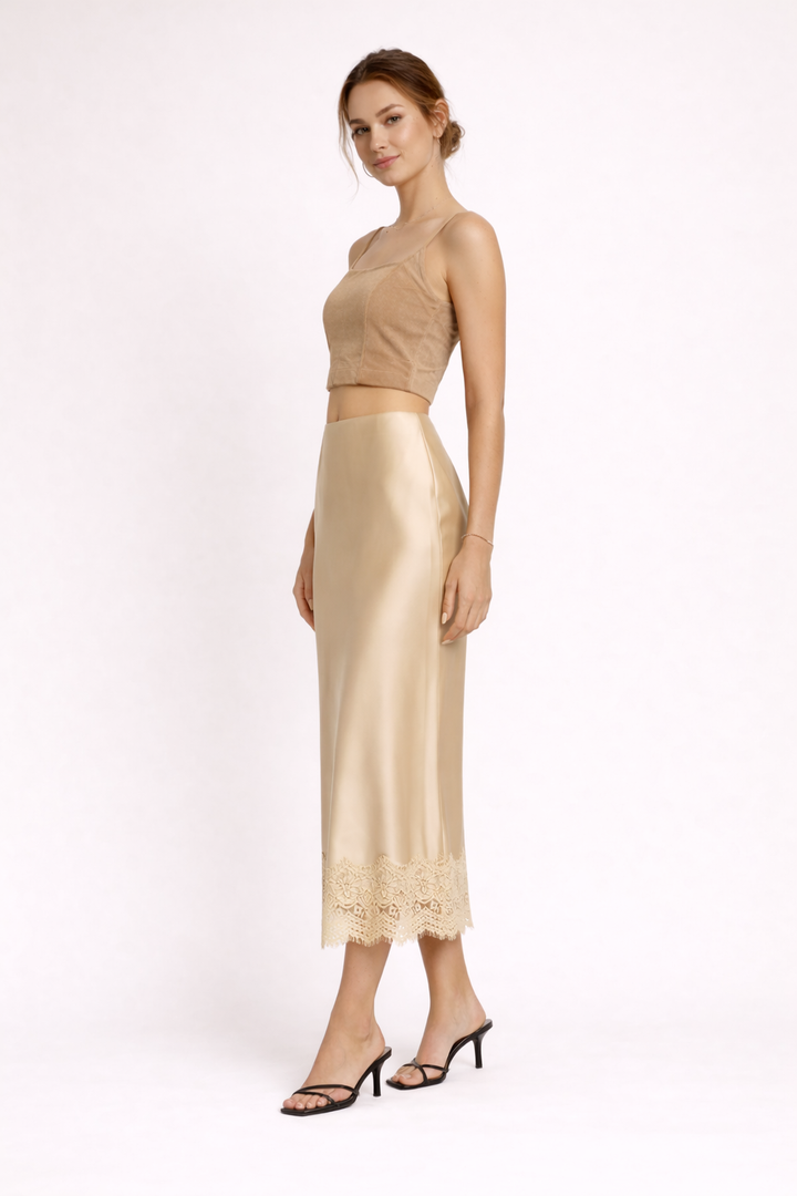 Black straight cut long maxi skirt for women, featuring a beautiful lace hem; ideal for formal wear.