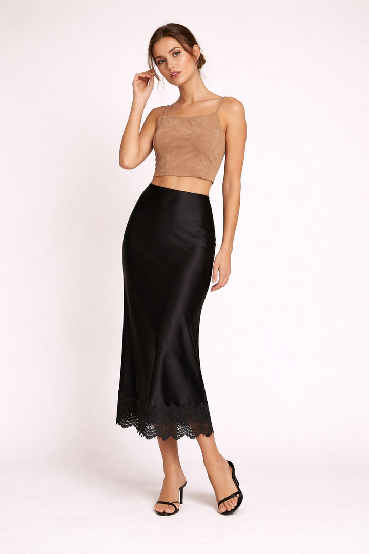Burgundy women's elegant maxi skirt with a refined lace hem, suitable for special occasion evening wear.