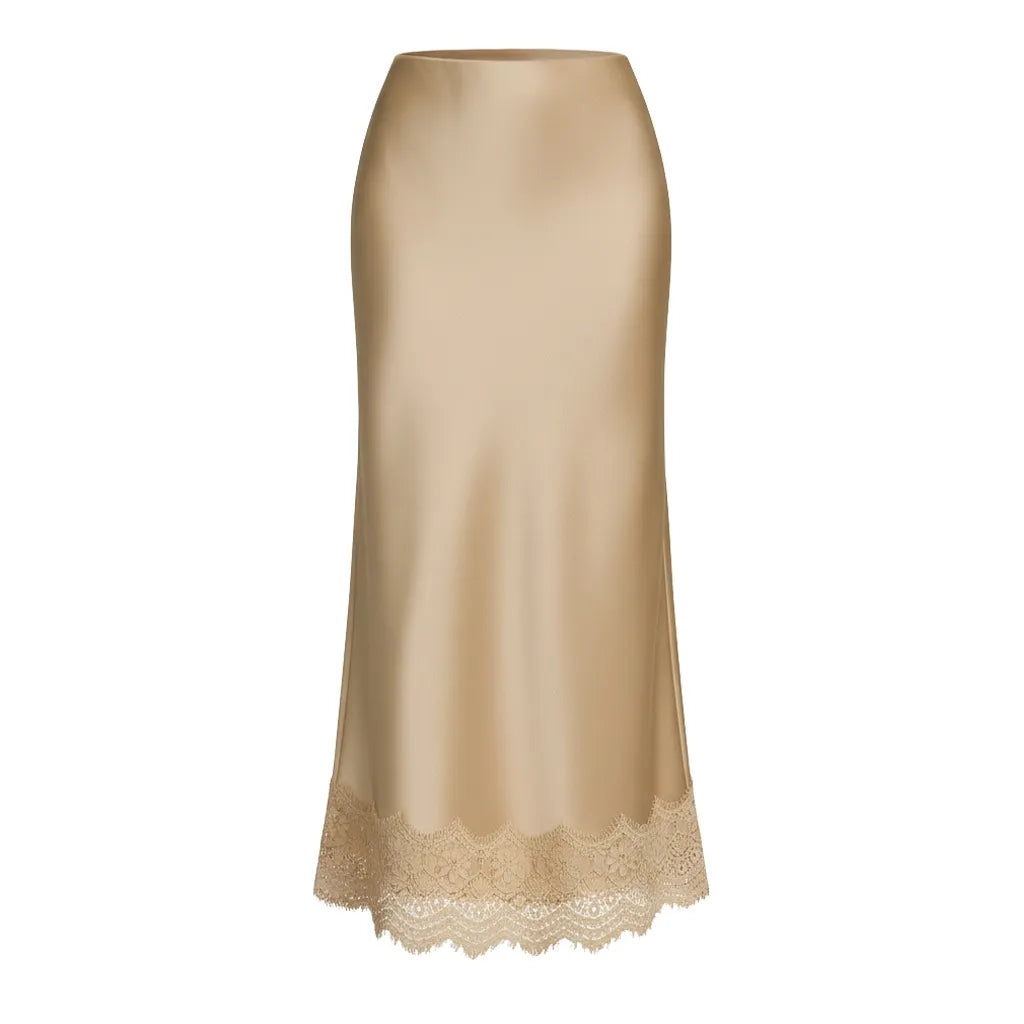 Detail of the delicate lace hem on a women's elegant formal maxi skirt, perfect for evening occasions.