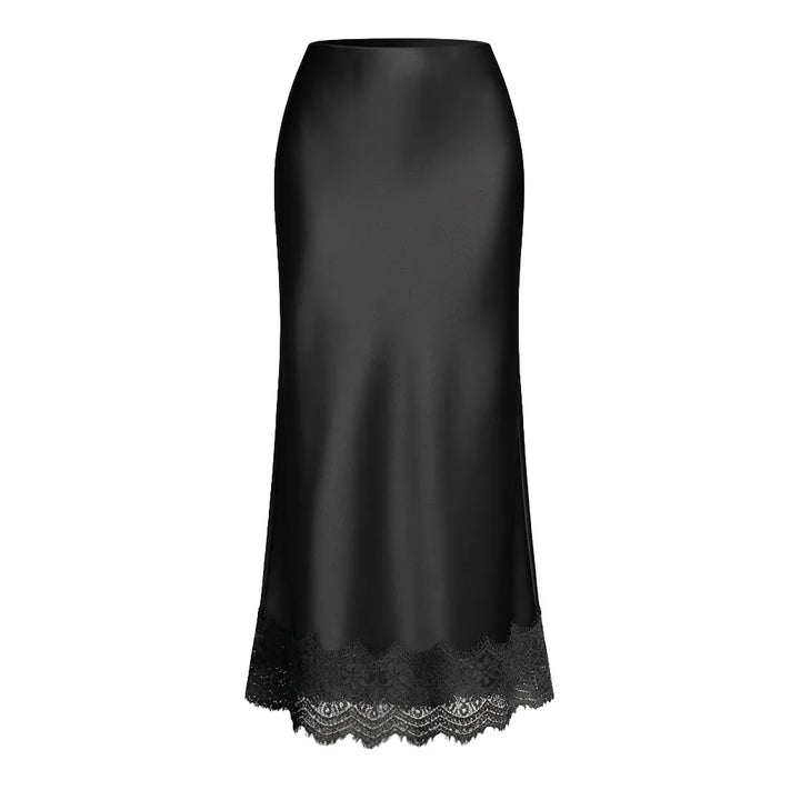 Beige elegant formal maxi skirt for women, featuring a stunning lace hem; ideal for special occasions.
