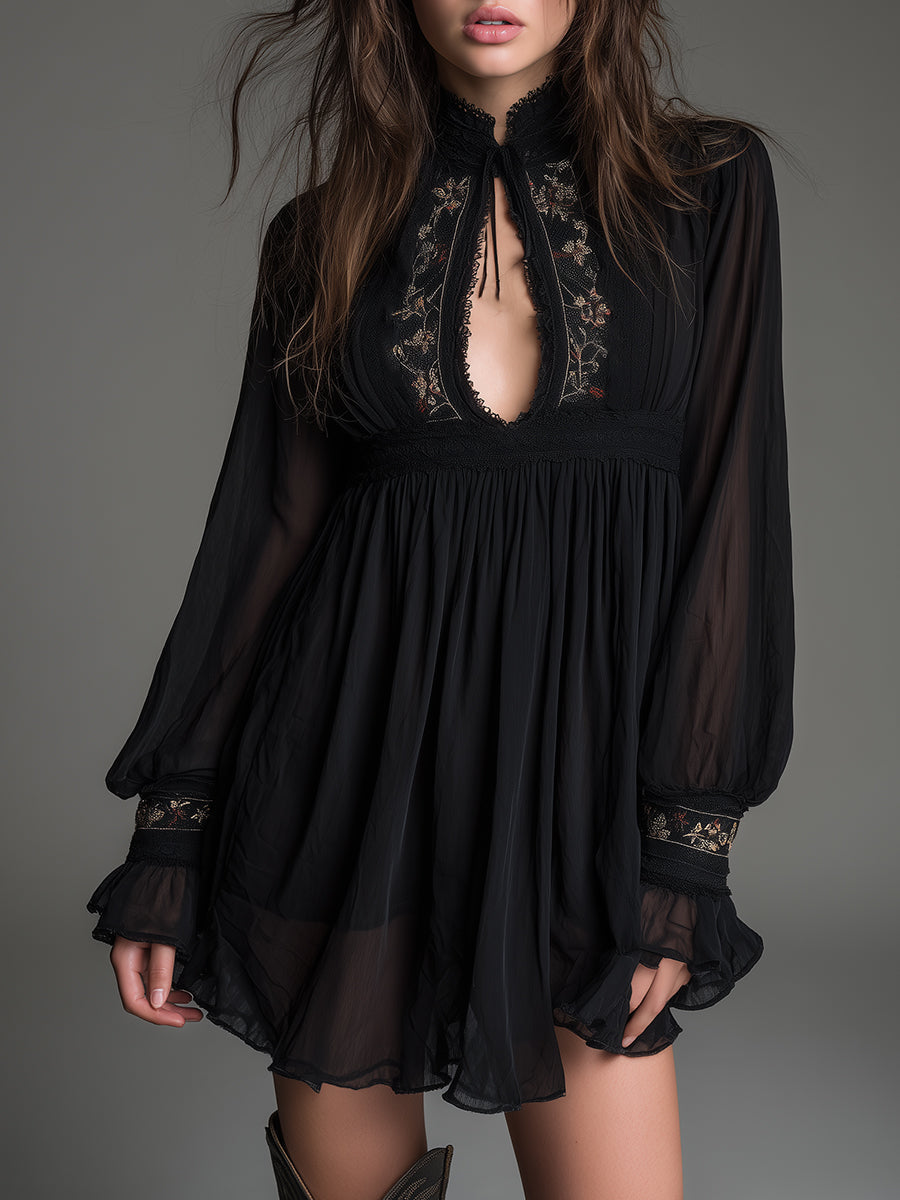Elegant black babydoll mini dress for women, featuring a keyhole neckline and stylish balloon sleeves. Perfect for parties.