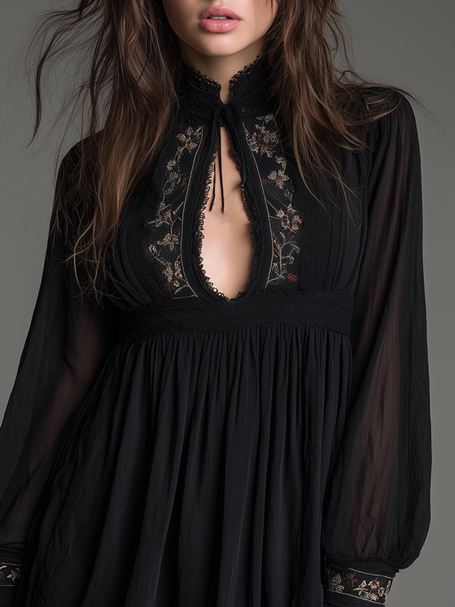 Women's flattering black babydoll mini dress with keyhole detail & balloon sleeves, ideal for evening or date night.