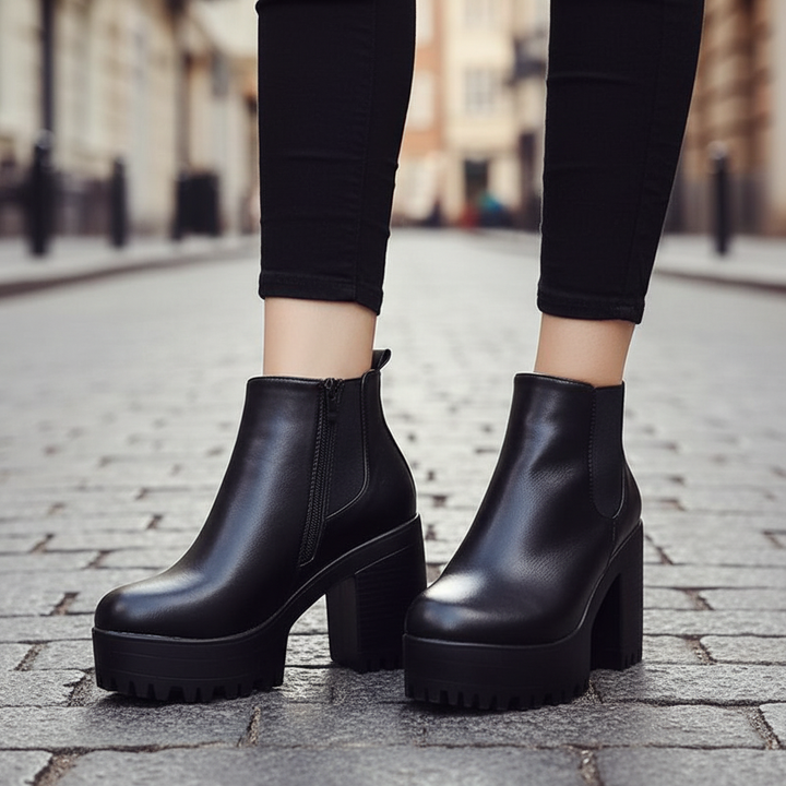 Elegant black block heel ankle boots for women, synthetic leather, versatile and comfortable winter fashion.