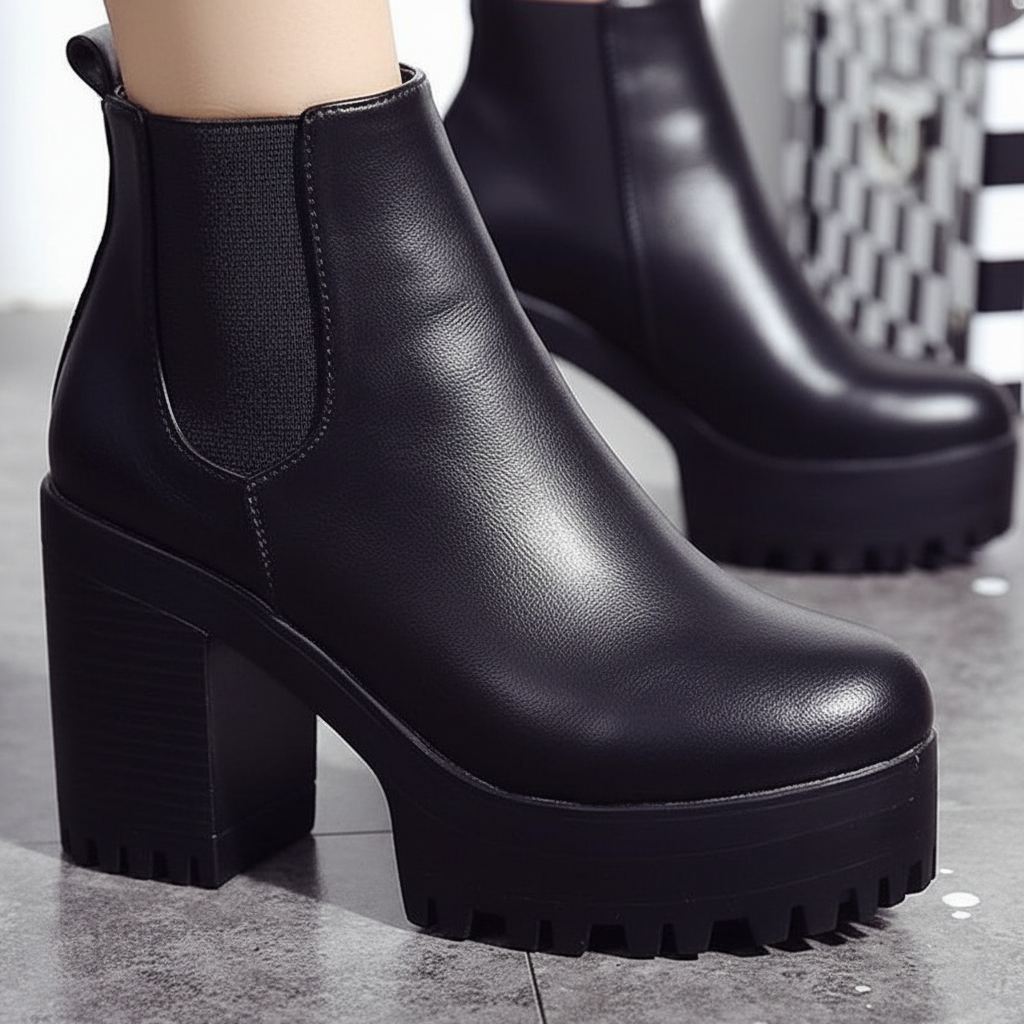 Fashionable black block heel ankle boots, Fiona style, designed for women's comfort and winter elegance.