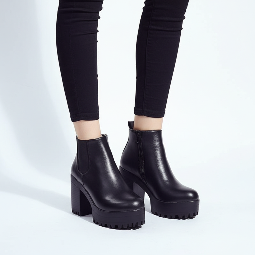 Women's black synthetic leather ankle boots featuring a chic block heel, ideal for versatile fashion.