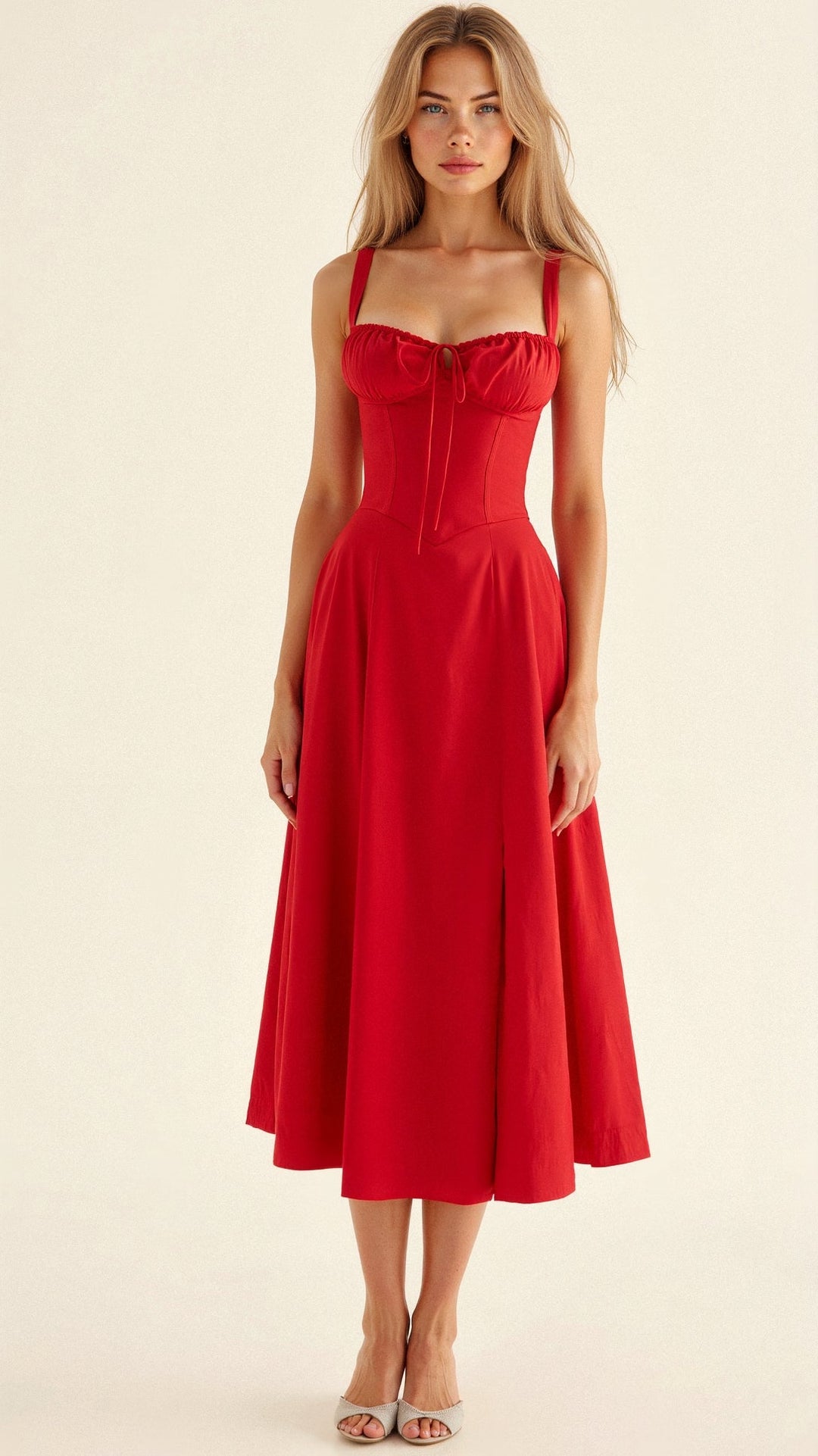 Sophisticated women's cocktail dress: black corset midi with modern slit, ideal for formal gatherings & events.
