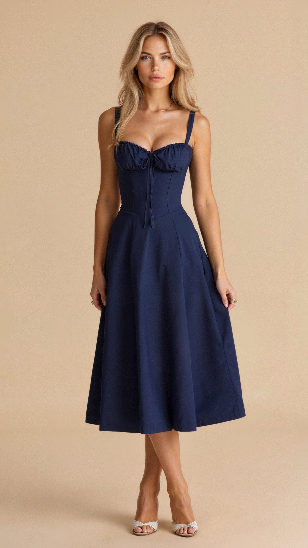 Chic women's sleeveless party dress: a white corset midi with an elegant slit, embodying modern sophistication.