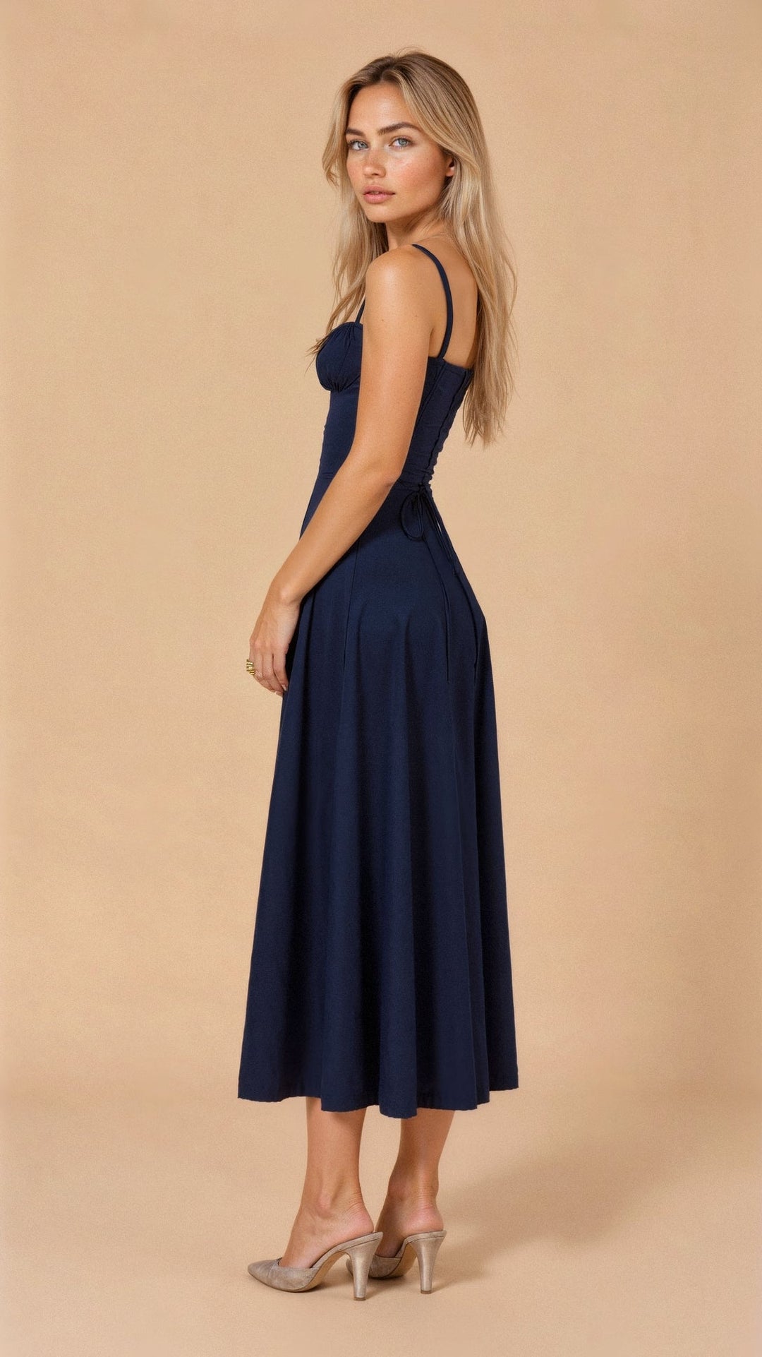Women's formal midi dress with corset bodice and slit, available in various colors for elegant events & parties.