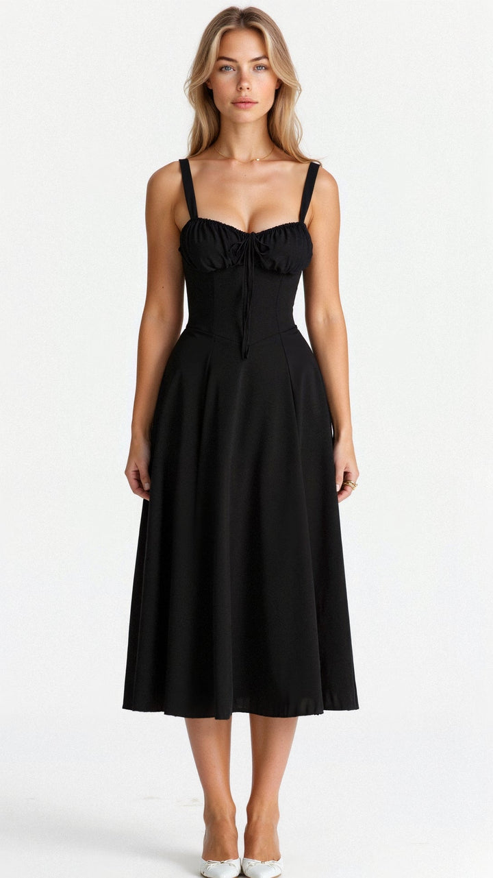 Classy red sleeveless midi dress for women, with elegant corset detailing and a high thigh slit, party ready.