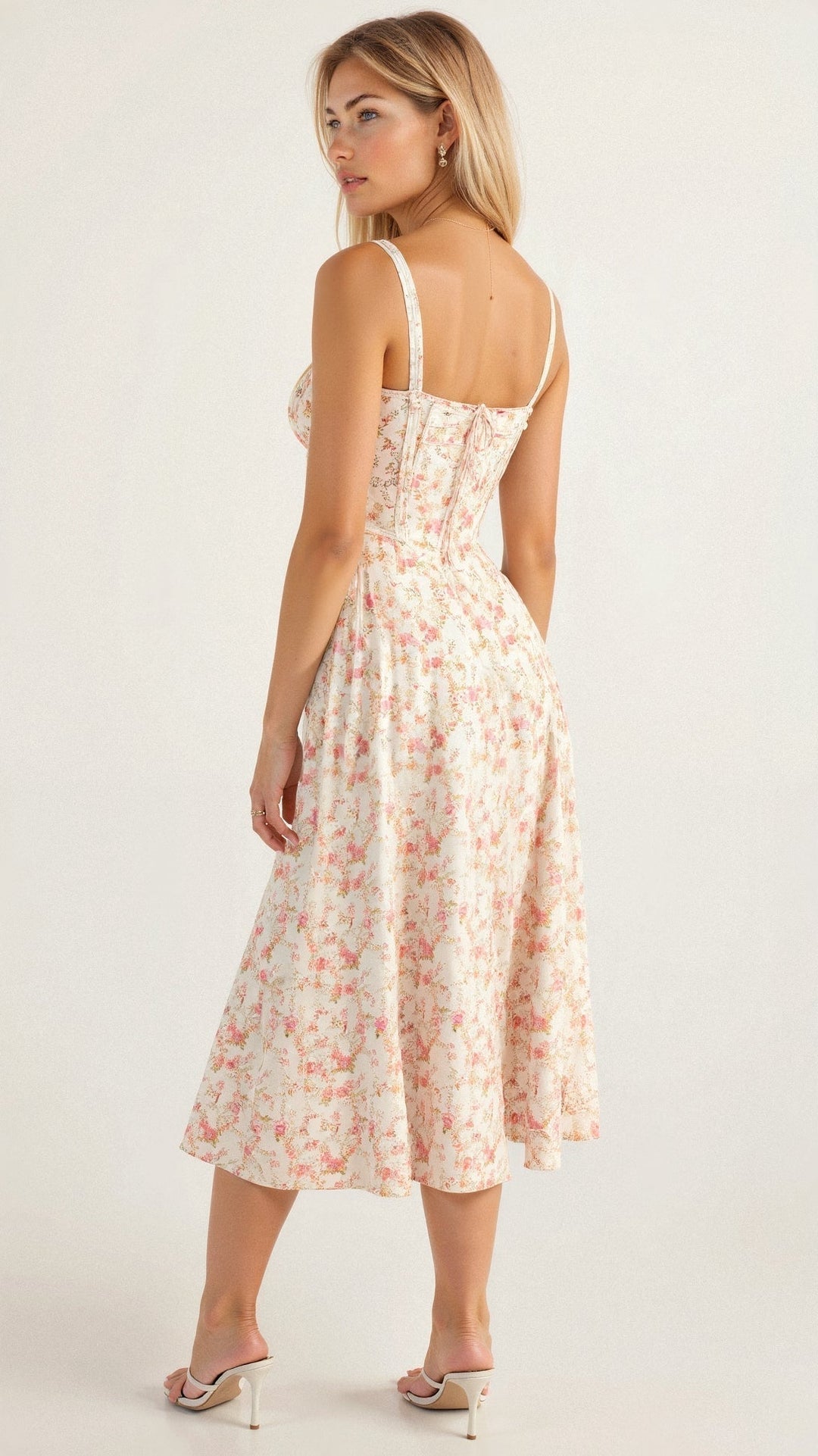 Close-up of the elegant corset bodice detail on a women's midi dress, showcasing structured design & fabric.